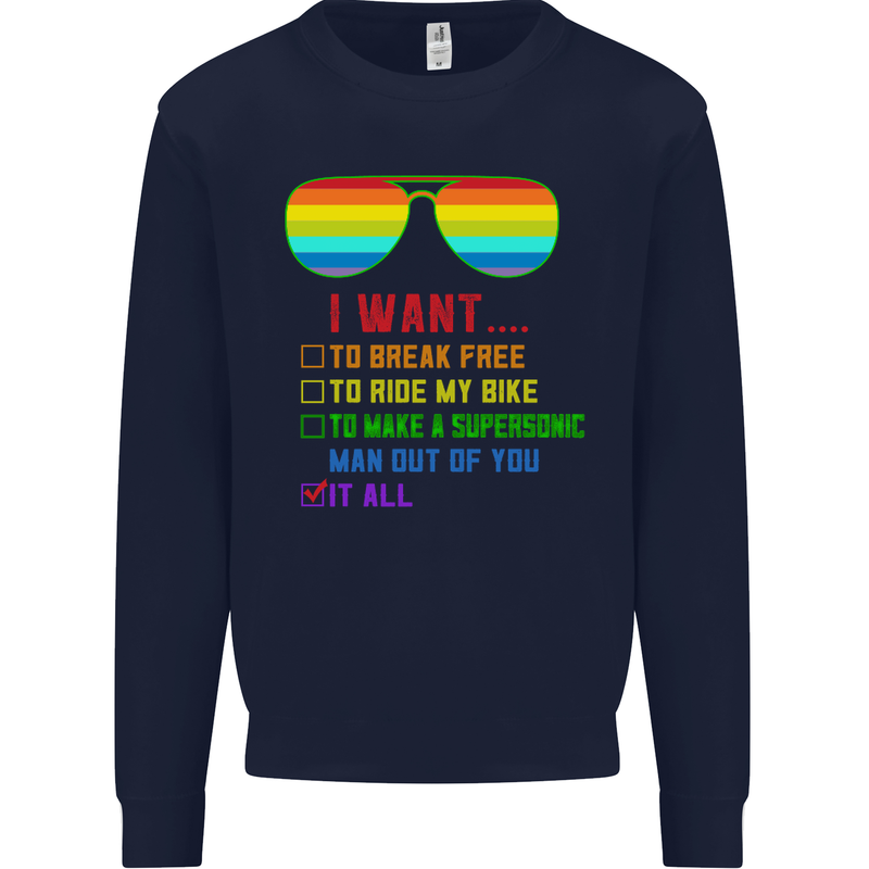 Want to Break Free Ride My Bike Funny LGBT Kids Sweatshirt Jumper Navy Blue