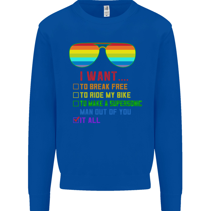 Want to Break Free Ride My Bike Funny LGBT Kids Sweatshirt Jumper Royal Blue