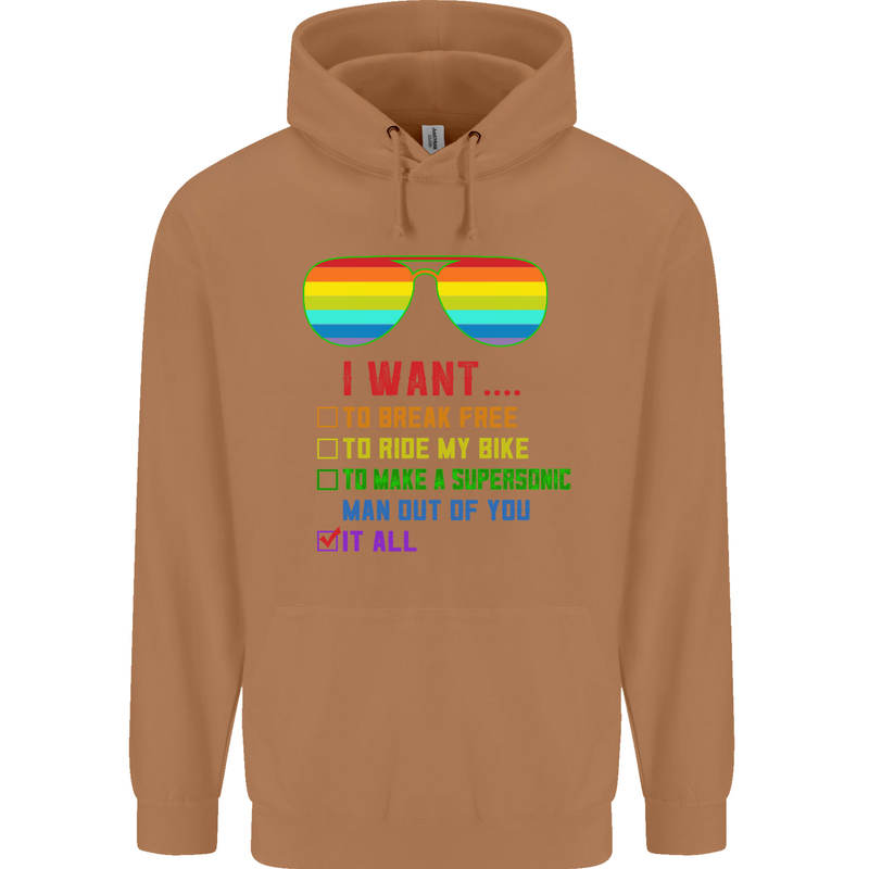 Want to Break Free Ride My Bike Funny LGBT Mens 80% Cotton Hoodie Caramel Latte