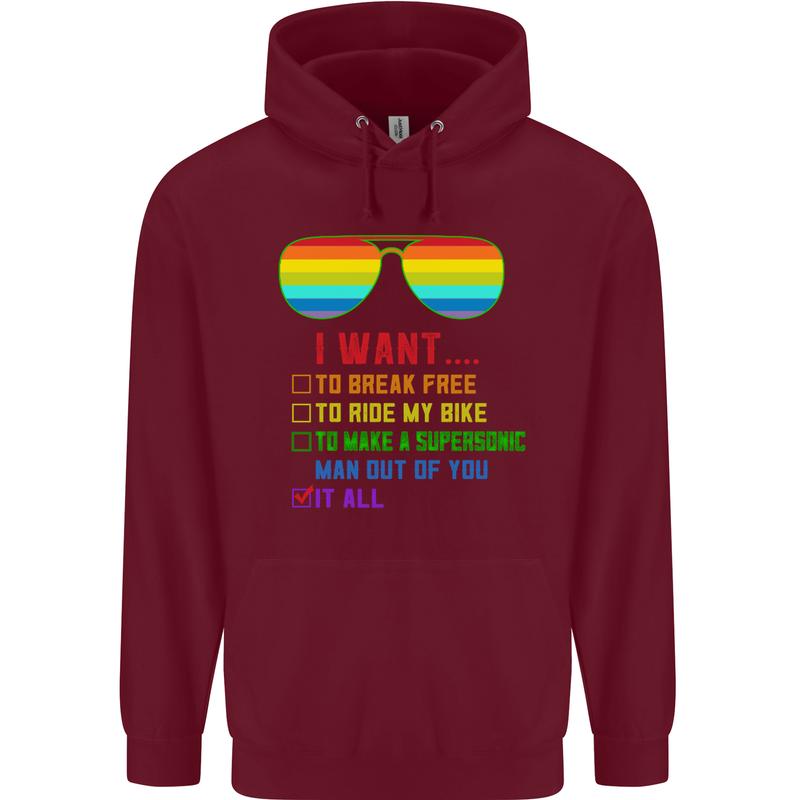 Want to Break Free Ride My Bike Funny LGBT Mens 80% Cotton Hoodie Maroon