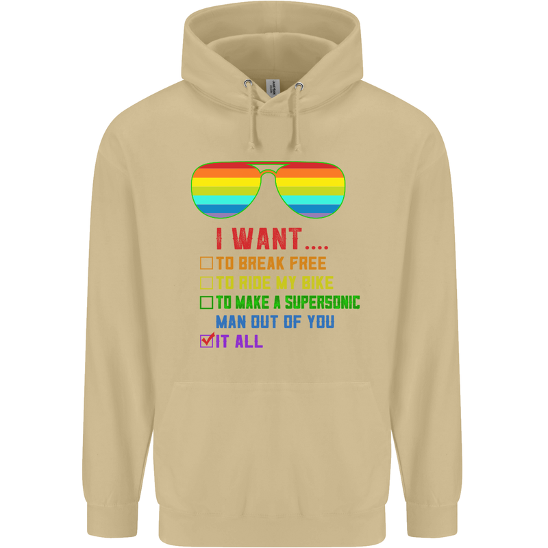 Want to Break Free Ride My Bike Funny LGBT Mens 80% Cotton Hoodie Sand