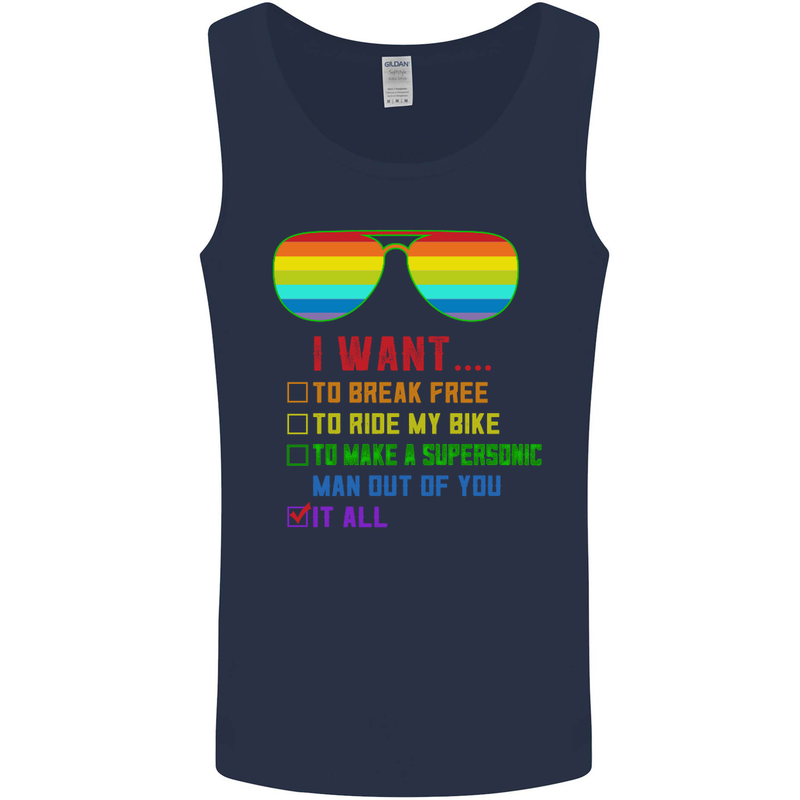 Want to Break Free Ride My Bike Funny LGBT Mens Vest Tank Top Navy Blue