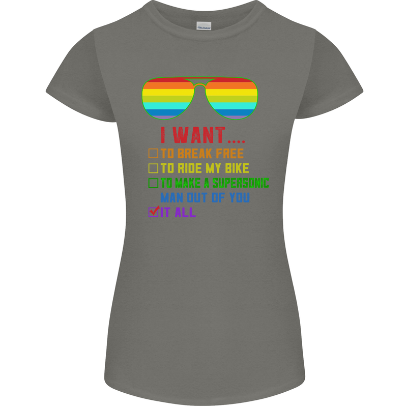 Want to Break Free Ride My Bike Funny LGBT Womens Petite Cut T-Shirt Charcoal