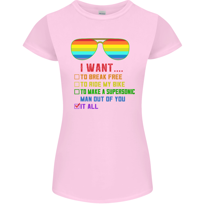 Want to Break Free Ride My Bike Funny LGBT Womens Petite Cut T-Shirt Light Pink