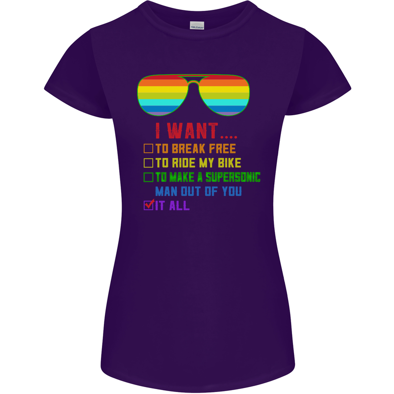 Want to Break Free Ride My Bike Funny LGBT Womens Petite Cut T-Shirt Purple