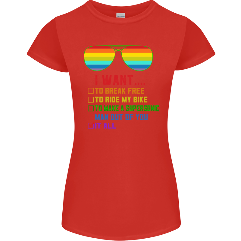 Want to Break Free Ride My Bike Funny LGBT Womens Petite Cut T-Shirt Red