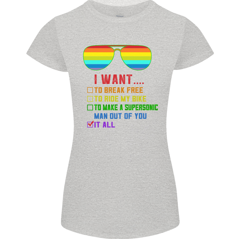 Want to Break Free Ride My Bike Funny LGBT Womens Petite Cut T-Shirt Sports Grey