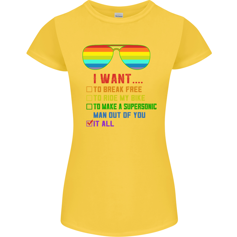 Want to Break Free Ride My Bike Funny LGBT Womens Petite Cut T-Shirt Yellow