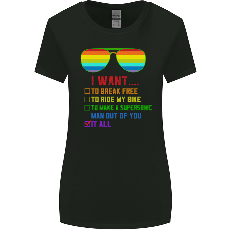 Want to Break Free Ride My Bike Funny LGBT Womens Wider Cut T-Shirt Black
