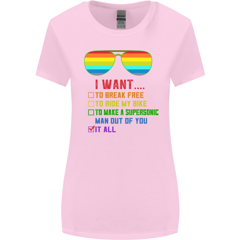 Want to Break Free Ride My Bike Funny LGBT Womens Wider Cut T-Shirt Light Pink