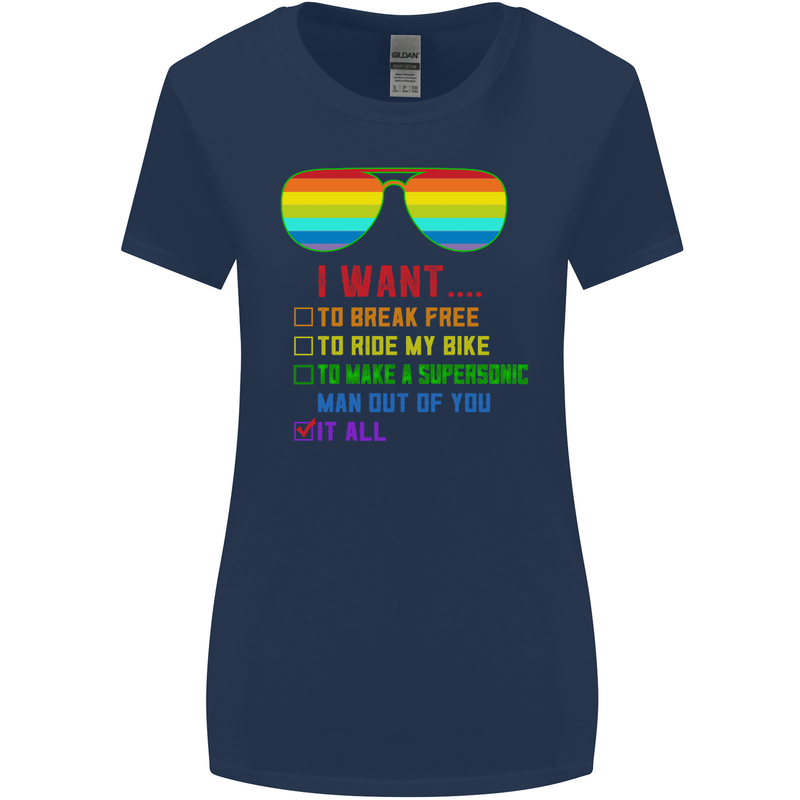 Want to Break Free Ride My Bike Funny LGBT Womens Wider Cut T-Shirt Navy Blue