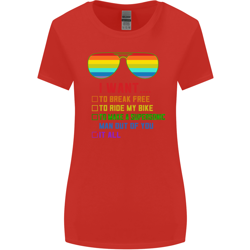 Want to Break Free Ride My Bike Funny LGBT Womens Wider Cut T-Shirt Red
