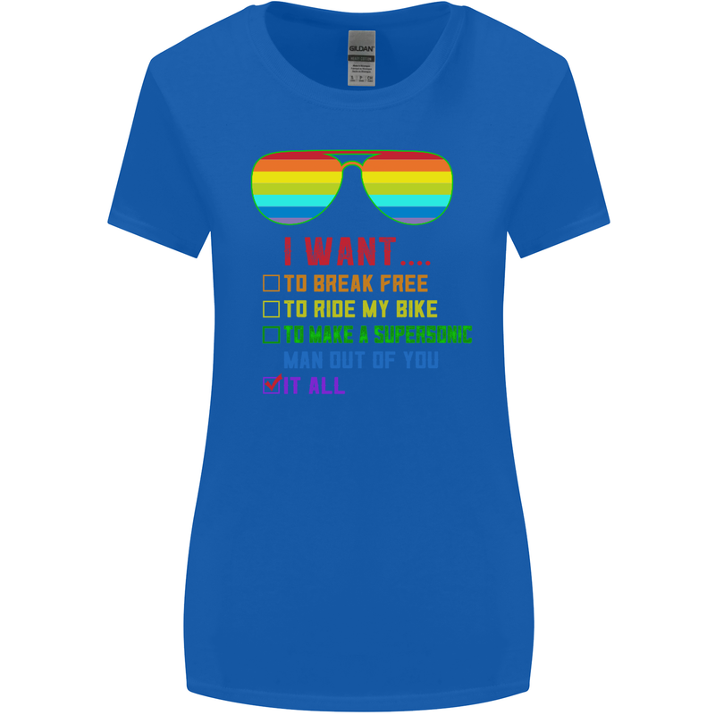 Want to Break Free Ride My Bike Funny LGBT Womens Wider Cut T-Shirt Royal Blue