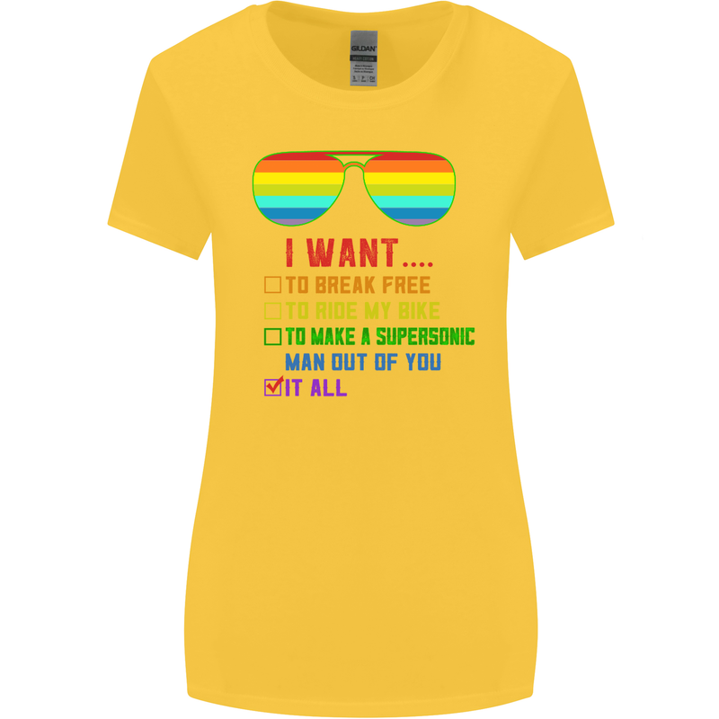 Want to Break Free Ride My Bike Funny LGBT Womens Wider Cut T-Shirt Yellow