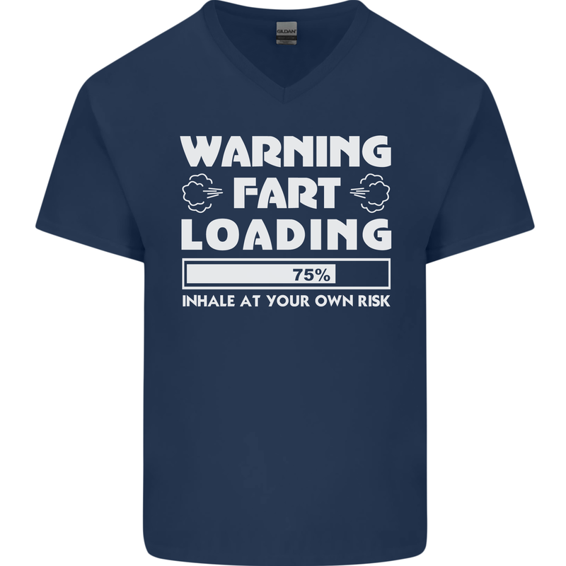Warning Fart Loading Funny Farting Dad Mens V-Neck Cotton T-Shirt Navy Blue