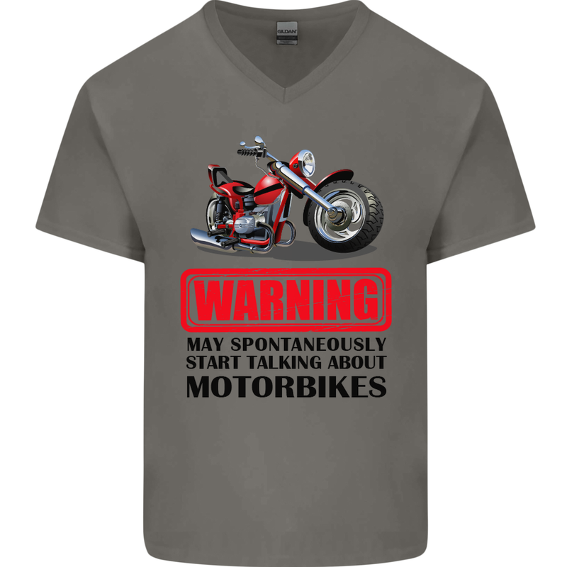 Warning May Spontaneously Talking About Motorbikes Mens V-Neck Cotton T-Shirt Charcoal