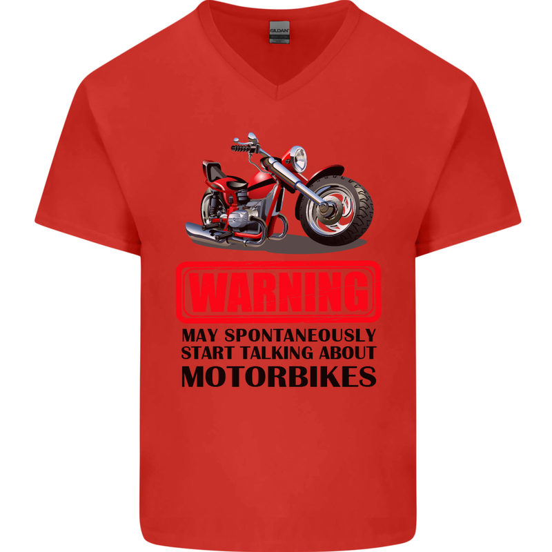Warning May Spontaneously Talking About Motorbikes Mens V-Neck Cotton T-Shirt Red