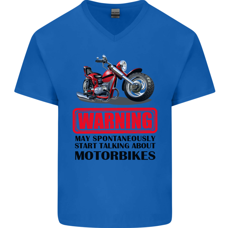 Warning May Spontaneously Talking About Motorbikes Mens V-Neck Cotton T-Shirt Royal Blue