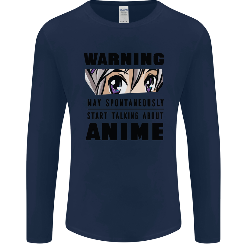 Warning May Start Talking About Anime Funny Mens Long Sleeve T-Shirt Navy Blue