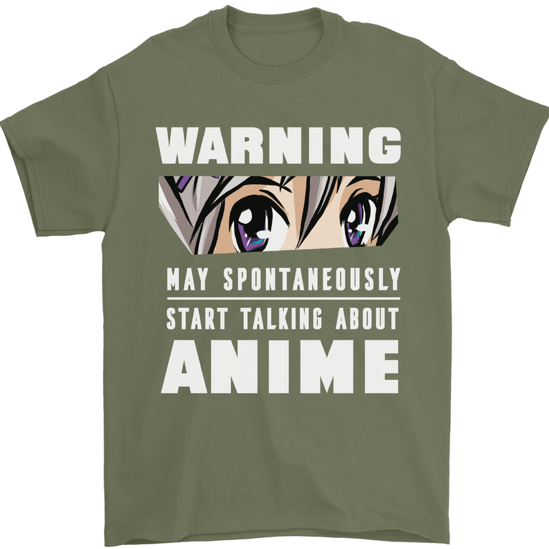 Warning May Start Talking About Anime Funny Mens T-Shirt Cotton Gildan Military Green