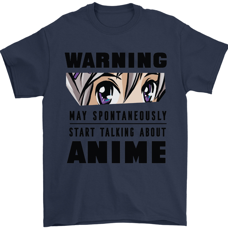 Warning May Start Talking About Anime Funny Mens T-Shirt Cotton Gildan Navy Blue