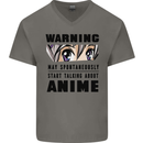 Warning May Start Talking About Anime Funny Mens V-Neck Cotton T-Shirt Charcoal