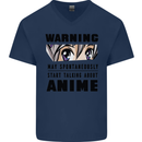 Warning May Start Talking About Anime Funny Mens V-Neck Cotton T-Shirt Navy Blue