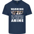 Warning May Start Talking About Anime Funny Mens V-Neck Cotton T-Shirt Navy Blue