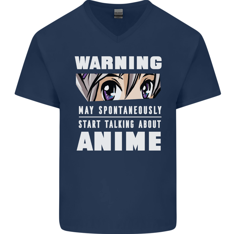 Warning May Start Talking About Anime Funny Mens V-Neck Cotton T-Shirt Navy Blue