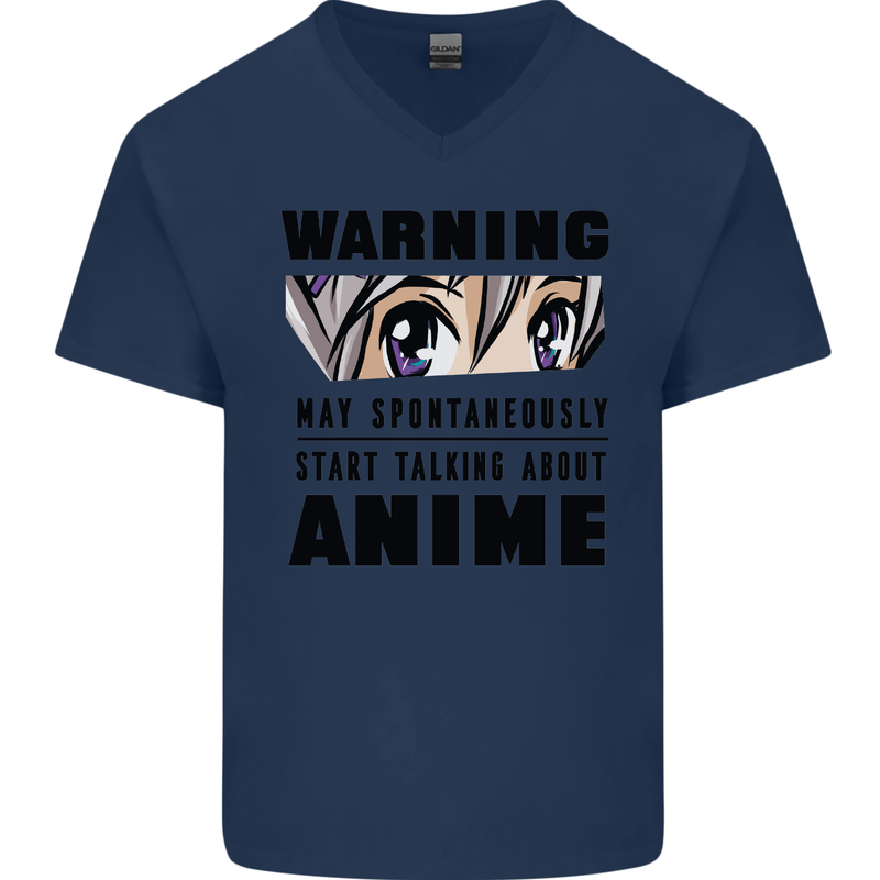 Warning May Start Talking About Anime Funny Mens V-Neck Cotton T-Shirt Navy Blue