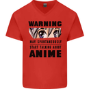 Warning May Start Talking About Anime Funny Mens V-Neck Cotton T-Shirt Red