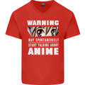 Warning May Start Talking About Anime Funny Mens V-Neck Cotton T-Shirt Red
