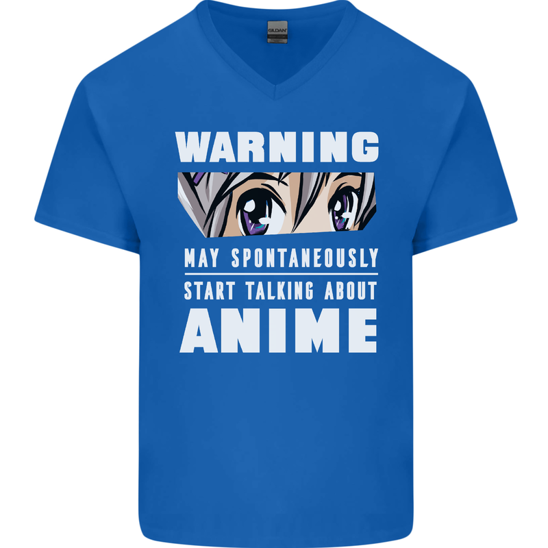 Warning May Start Talking About Anime Funny Mens V-Neck Cotton T-Shirt Royal Blue