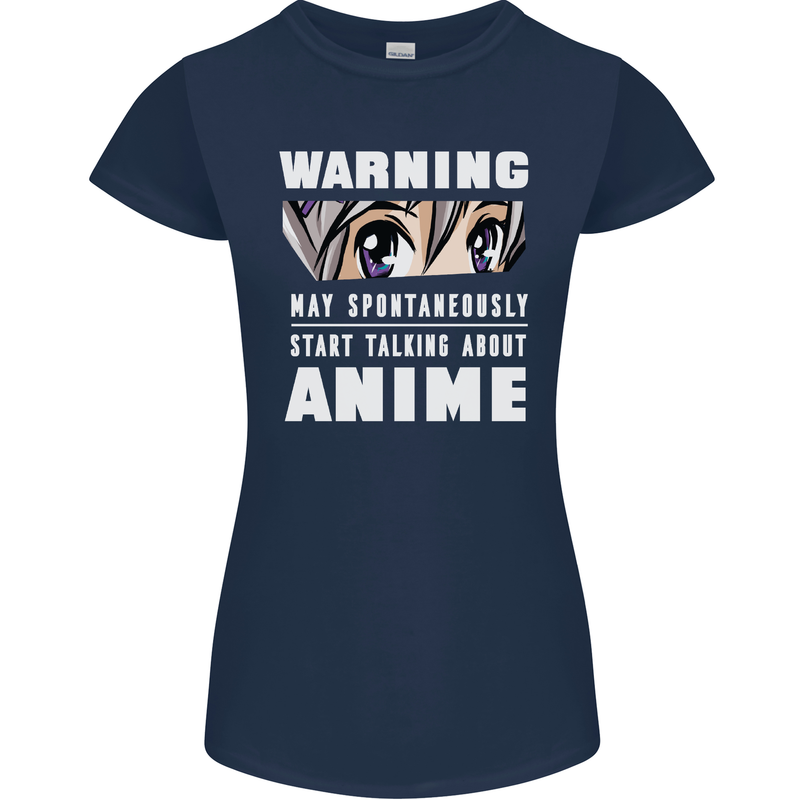 Warning May Start Talking About Anime Funny Womens Petite Cut T-Shirt Navy Blue