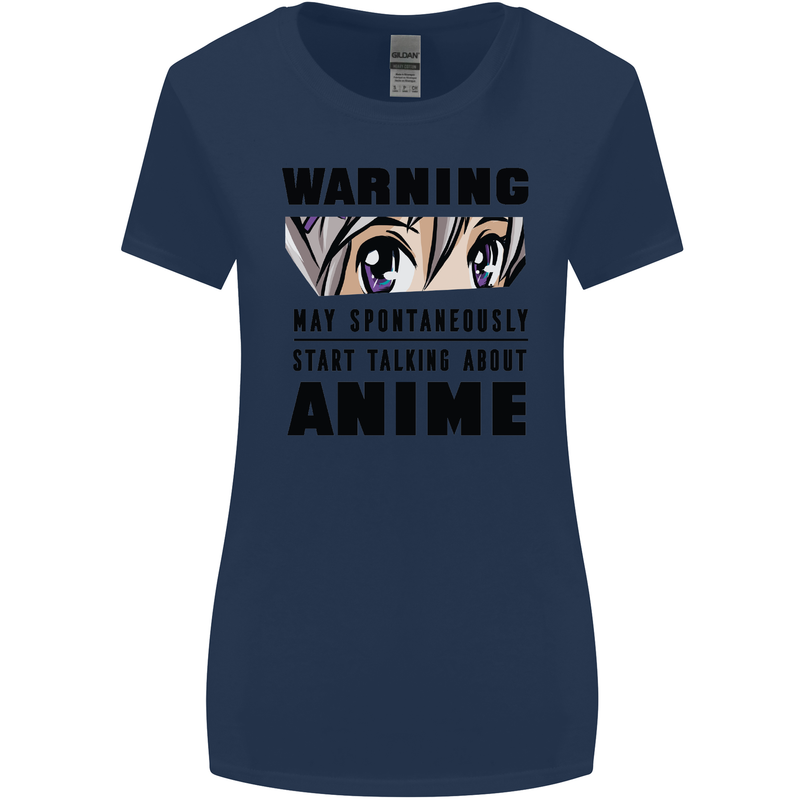 Warning May Start Talking About Anime Funny Womens Wider Cut T-Shirt Navy Blue