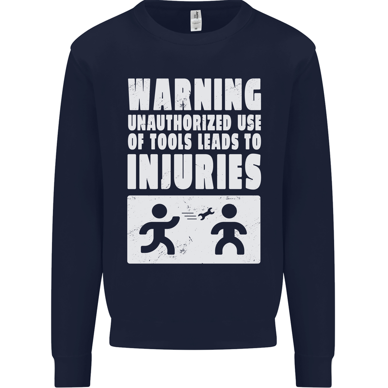 Warning Tools Builder Plumber Electrician Kids Sweatshirt Jumper Navy Blue