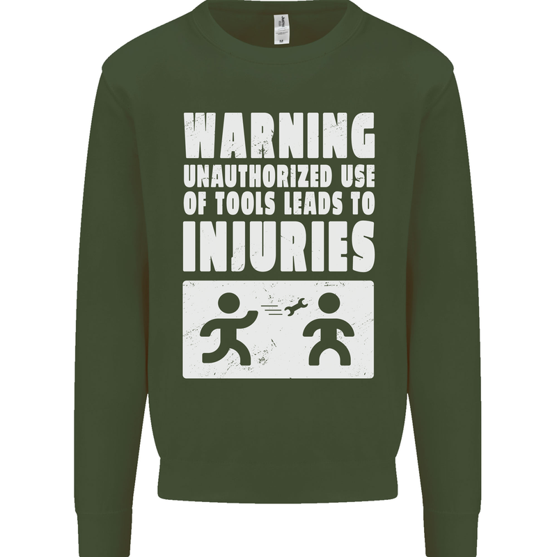 Warning Tools Builder Plumber Electrician Mens Sweatshirt Jumper Forest Green