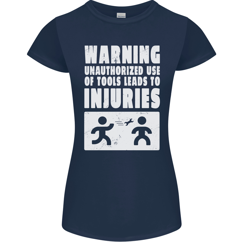 Warning Tools Builder Plumber Electrician Womens Petite Cut T-Shirt Navy Blue