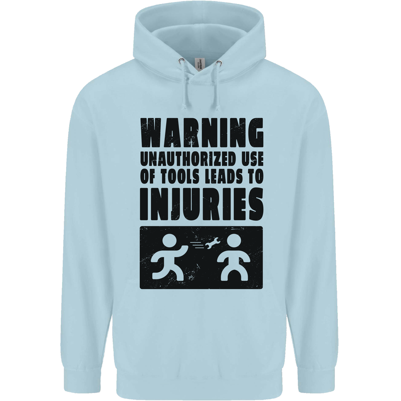 Warning Tools DIY Tradesman Carpenter Childrens Kids Hoodie Light Blue