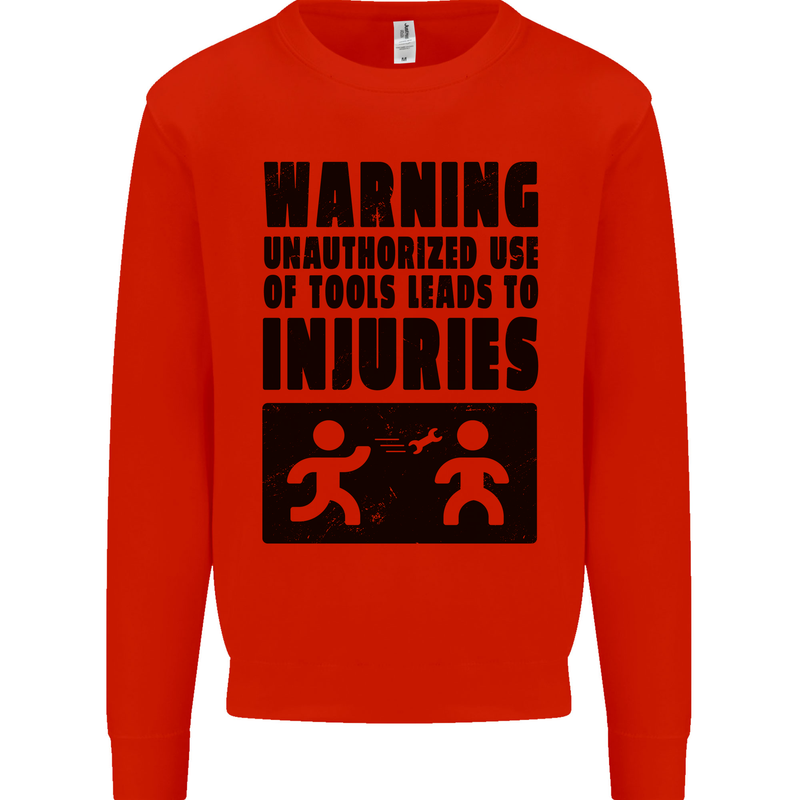 Warning Tools DIY Tradesman Carpenter Kids Sweatshirt Jumper Bright Red