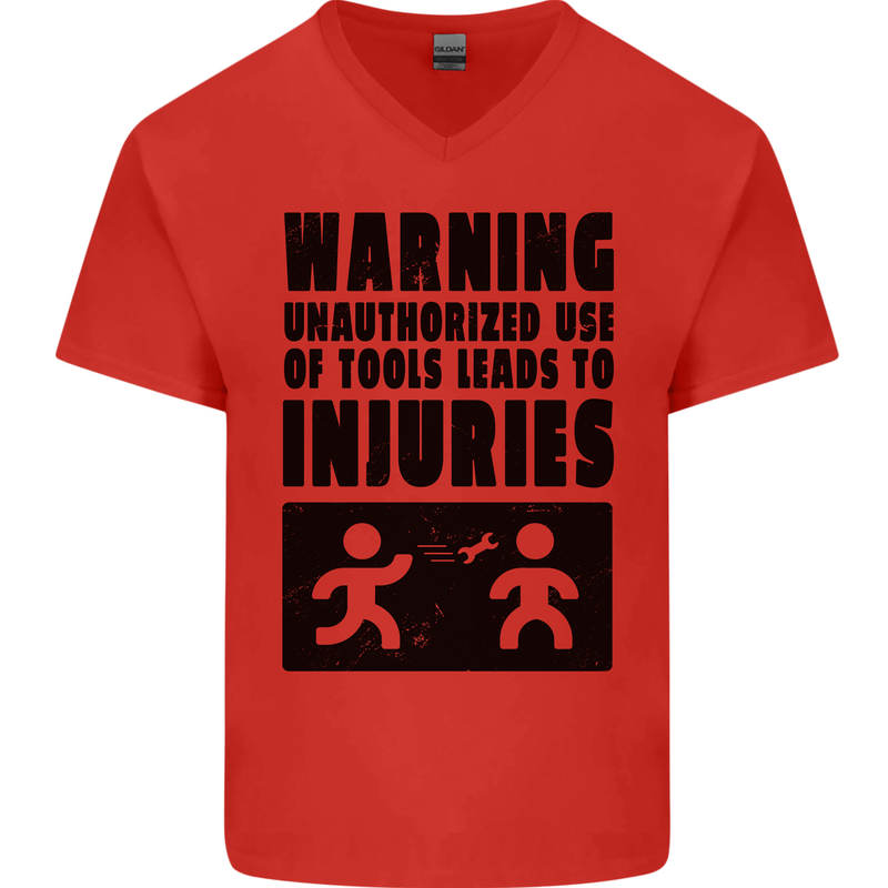 Warning Tools DIY Tradesman Carpenter Mens V-Neck Cotton T-Shirt Red