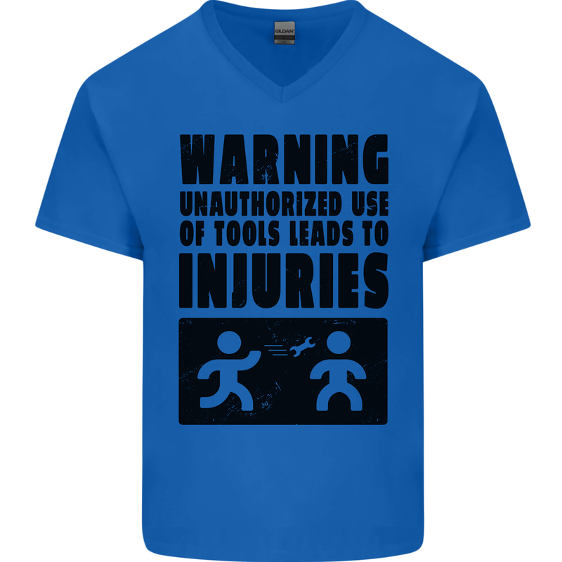 Warning Tools DIY Tradesman Carpenter Mens V-Neck Cotton T-Shirt Royal Blue