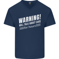 Warning Will Talk About Cars Funny Mens V-Neck Cotton T-Shirt Navy Blue
