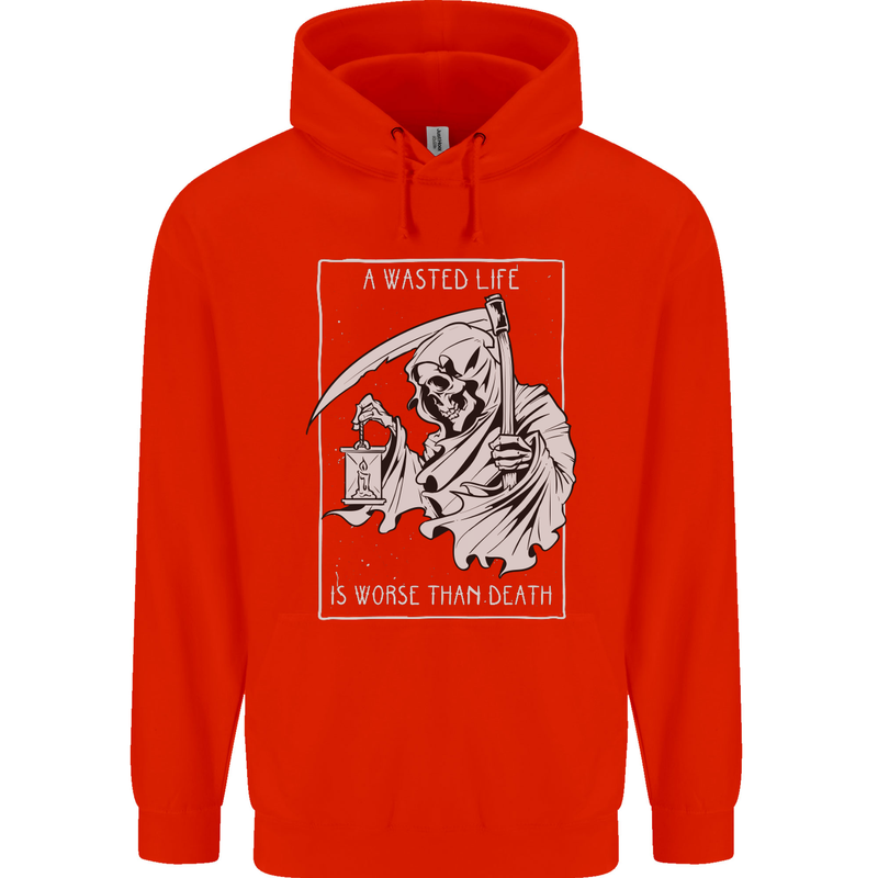Wasted Life Grim Reaper Gothic Biker Skull Childrens Kids Hoodie Bright Red