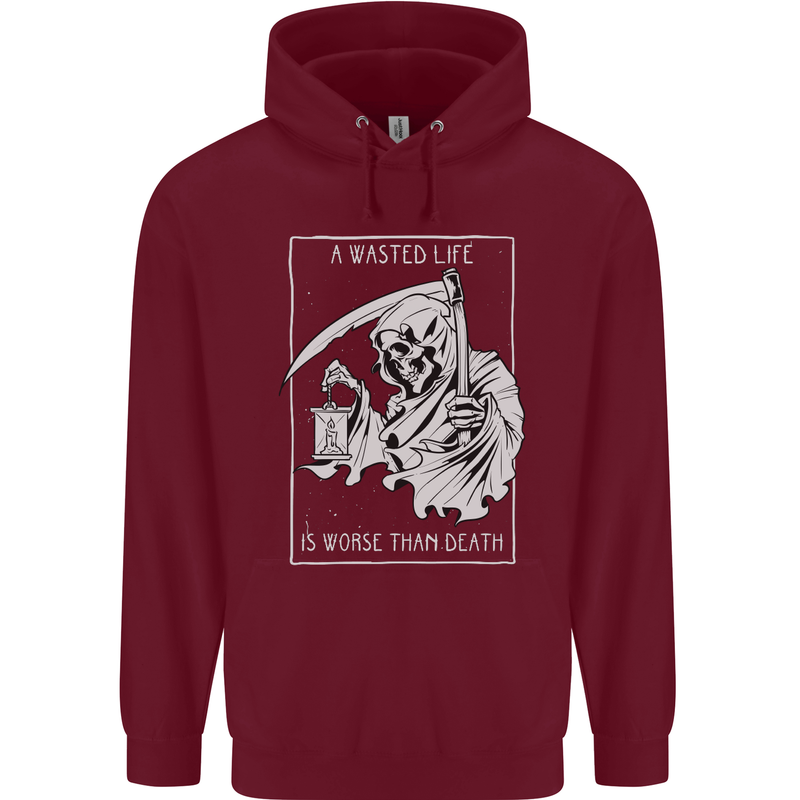 Wasted Life Grim Reaper Gothic Biker Skull Childrens Kids Hoodie Maroon