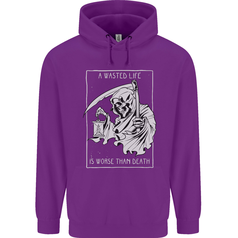 Wasted Life Grim Reaper Gothic Biker Skull Childrens Kids Hoodie Purple