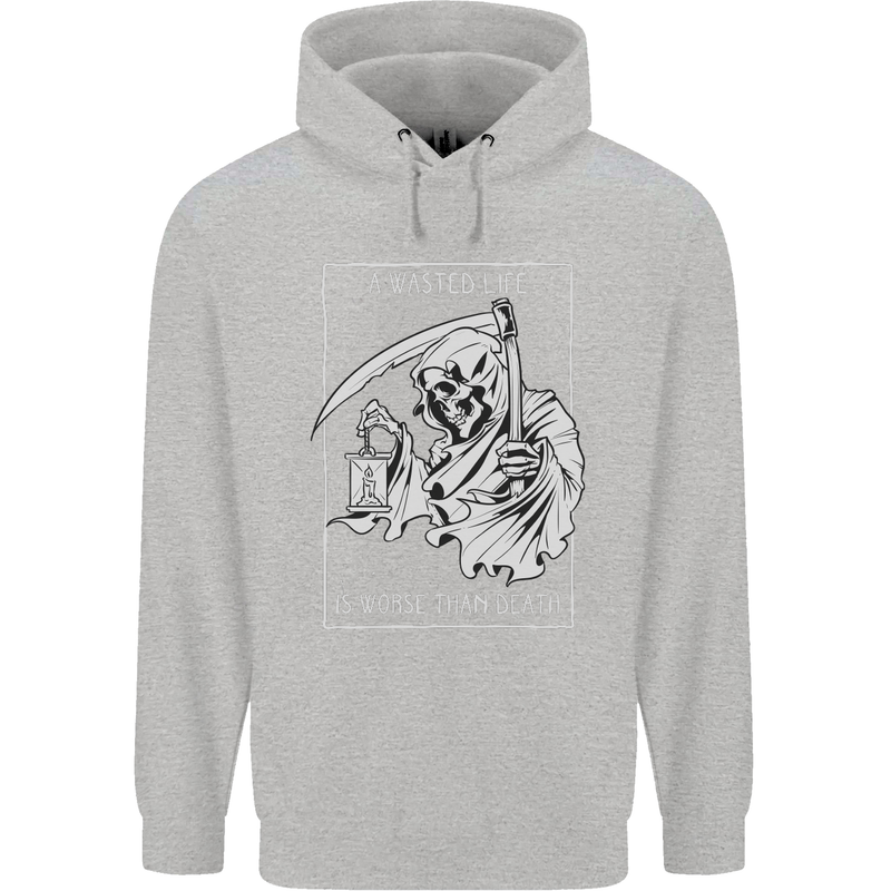 Wasted Life Grim Reaper Gothic Biker Skull Childrens Kids Hoodie Sports Grey