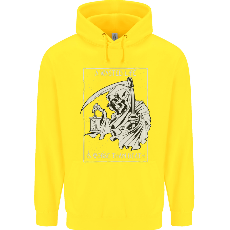 Wasted Life Grim Reaper Gothic Biker Skull Childrens Kids Hoodie Yellow