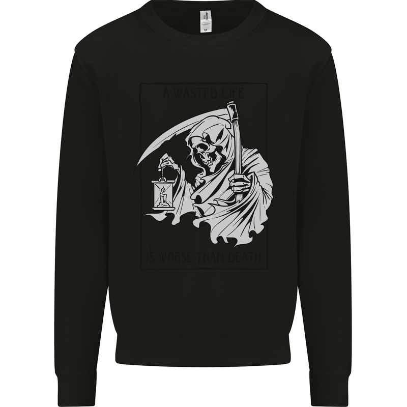 Wasted Life Grim Reaper Gothic Biker Skull Kids Sweatshirt Jumper Black
