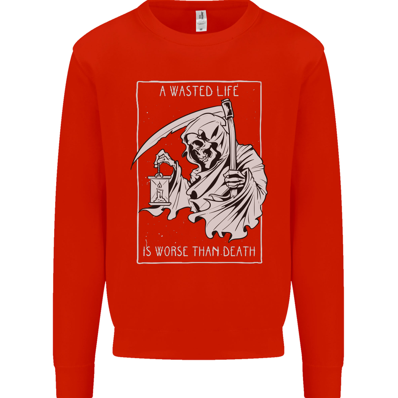 Wasted Life Grim Reaper Gothic Biker Skull Kids Sweatshirt Jumper Bright Red